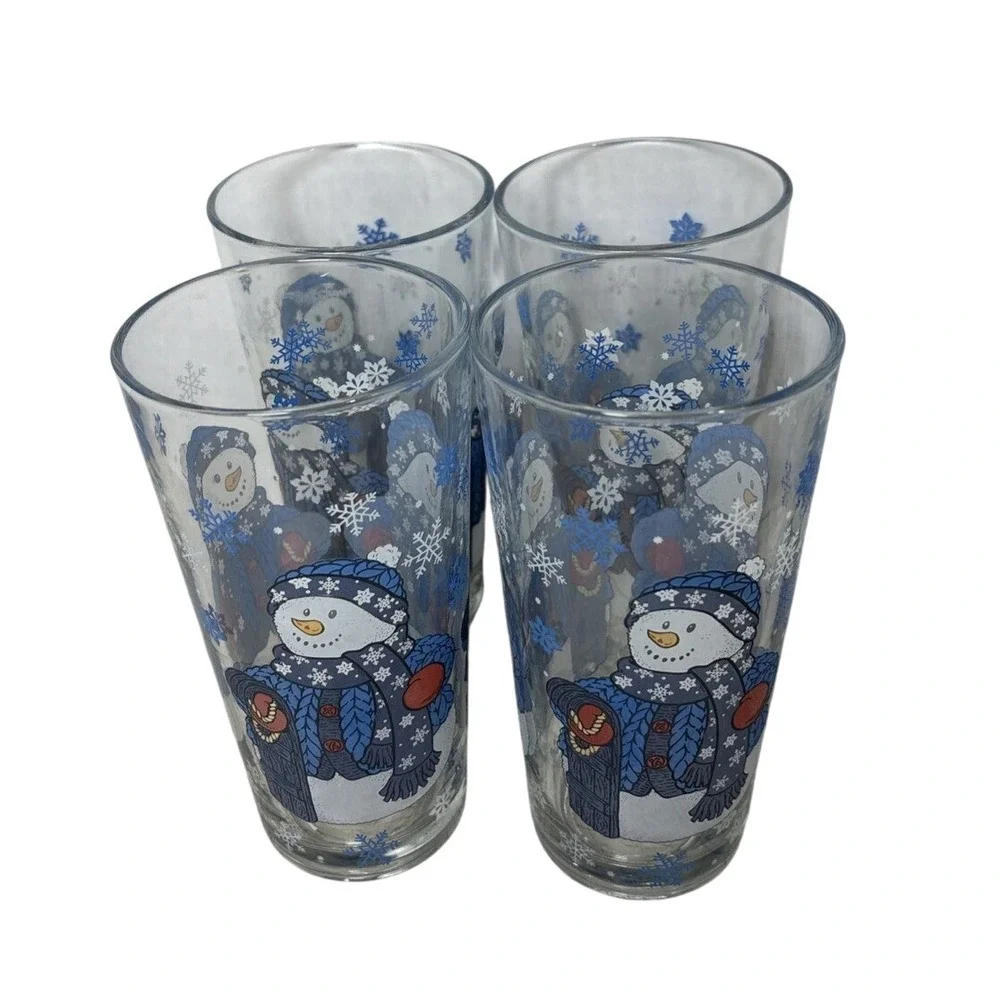 KIG Indonesia Snowman Christmas Glasses Set of‎ 4 Blue White Winter Highball 6in